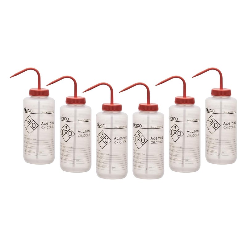 EISCO 6PK Wash Bottles for Acetone, 1000ml - Labeled with Chemical Information & Safety Information (1 Color) - Wide Mouth, Self Venting, Low Density Polyethylene - Performance Plastics Labs - Image 1