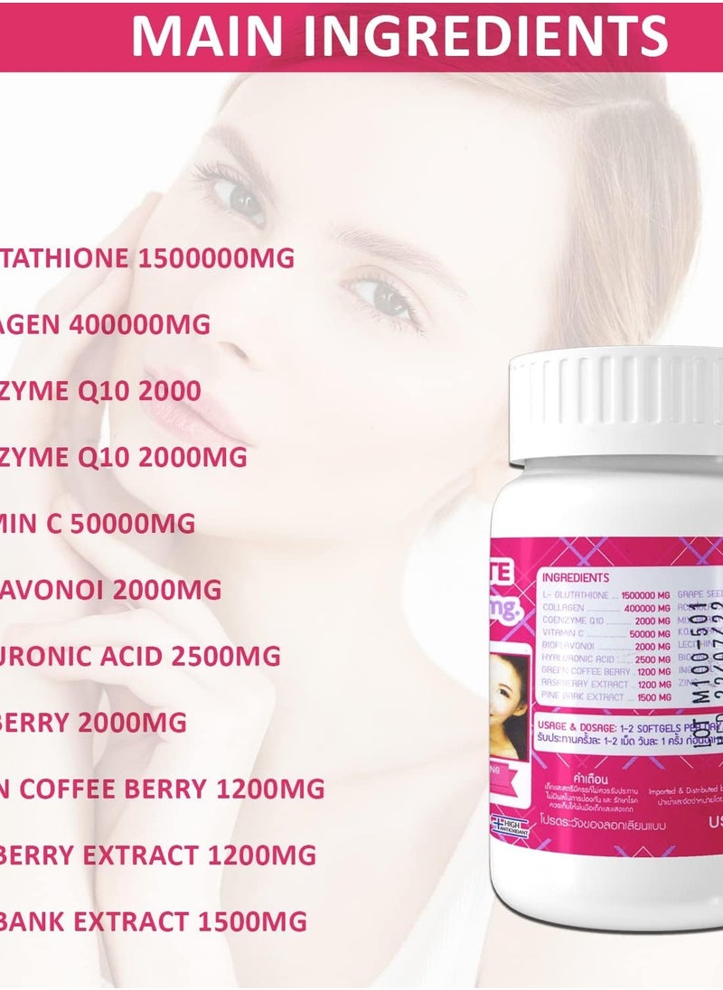 Gluta - Supreme Glutathione White Skin Whitening Capsules, Skin Moisturizer, Collagen Stimulator, Healthy Blood Circulation, Remove Dark Spots and Acne Scars, Glutathione 1500000mg - Image 1