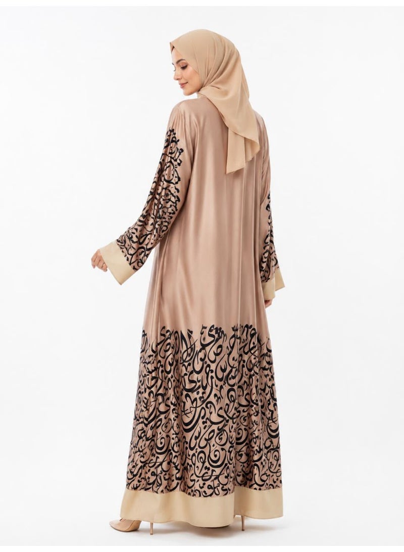 Women's Beige Open Abaya with Black Arabic Calligraphy Print - Image 2
