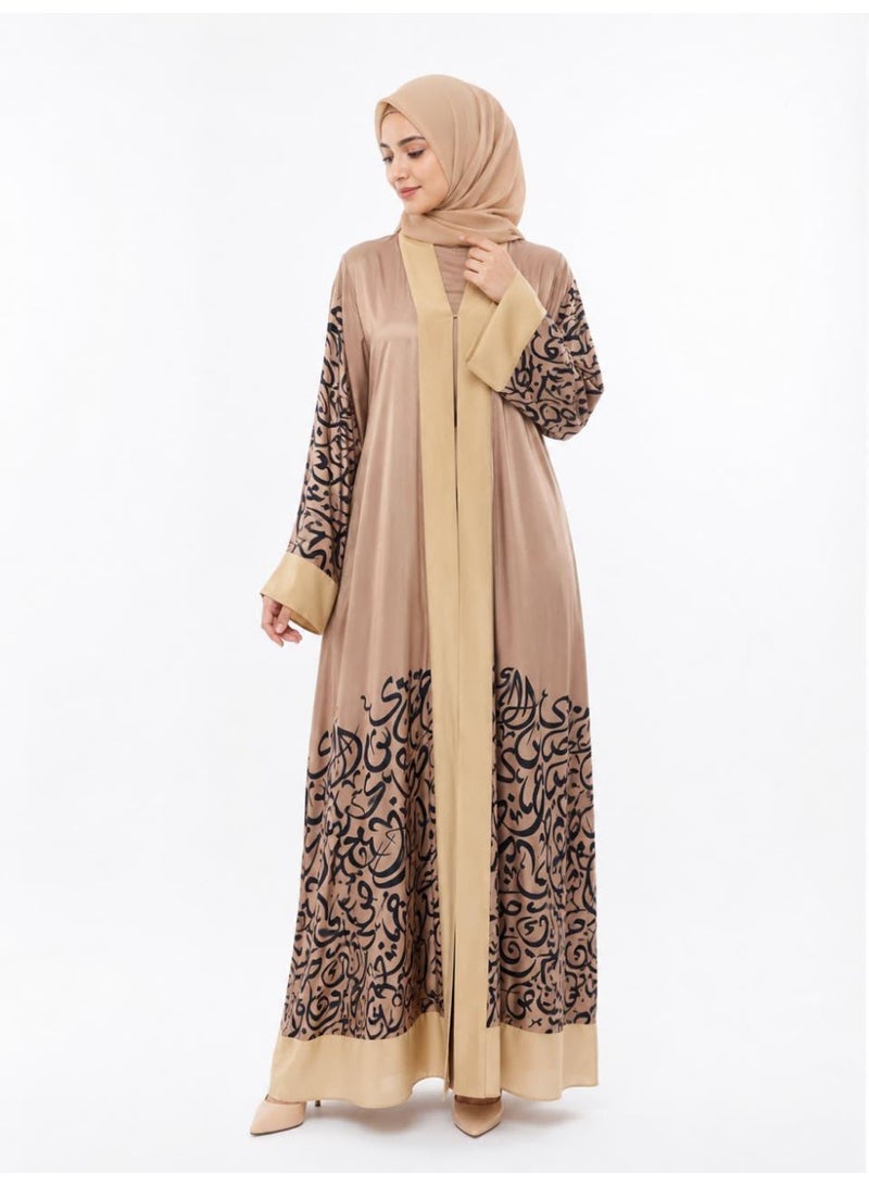 Women's Beige Open Abaya with Black Arabic Calligraphy Print - Image 1