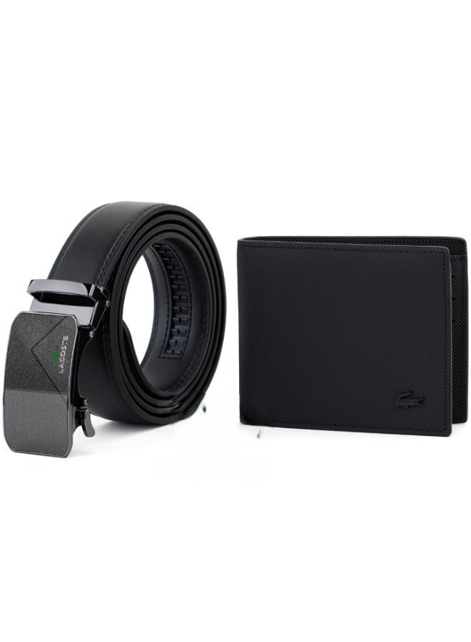 Lacoste Men’s Black Leather Wallet and Belt Gift Set – Premium Designer Buckle Belt with Matching Wallet, Luxury Gift Box