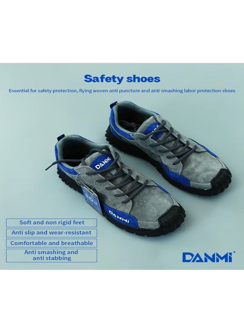 DANMI DANMI Industrial Safety Shoes – Size 44 – Breathable Mesh Lining, Anti-Slip Rubber Sole, Wide Steel Toe Cap, Kevlar Puncture-Resistant Sole – Grey & Blue  - Image 1