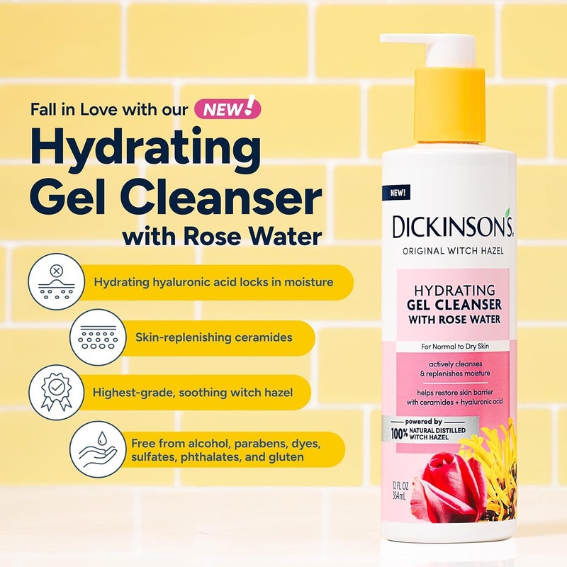 Dickinson's Original Witch Hazel Hydrating Gel Facial Cleanser with Rose Water, 12 Fl Oz, For Normal to Dry Skin, Hydrates and Nourishes Skin, Helps Calm Redness, Alcohol-Free Face Wash - Image 2