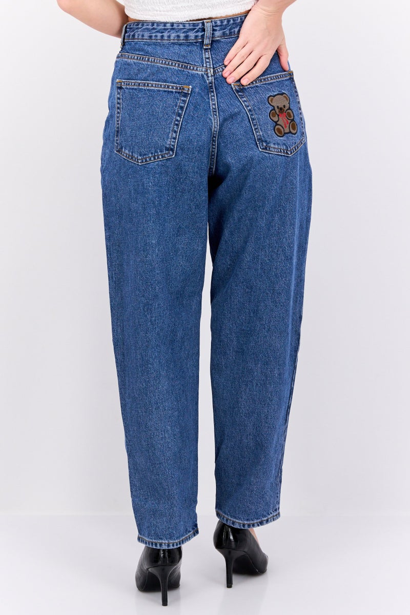 MONKI Women Regular Fit High Waist Balloon Leg Washed Denim, Blue - Image 3