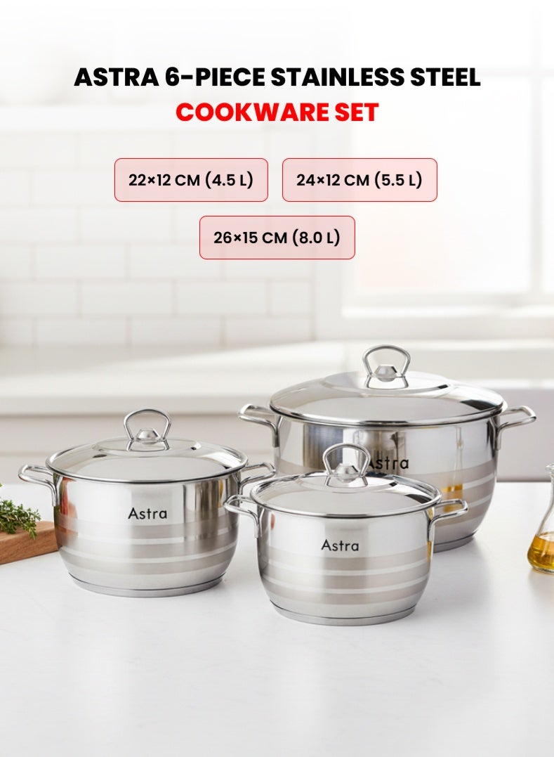 Astra 6-Piece Premium Cookware Set | High-Quality 18/10 Cr-Ni Stainless Steel  | Durable, Scratch-Resistant & Easy to Clean | Induction, Gas & Electric Stove Compatible | Dishwasher Safe Kitchen Cookware Set - Image 1