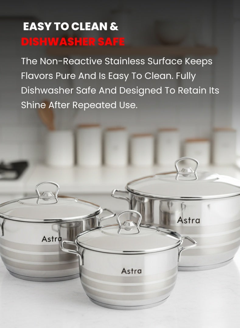 Astra 6-Piece Premium Cookware Set | High-Quality 18/10 Cr-Ni Stainless Steel  | Durable, Scratch-Resistant & Easy to Clean | Induction, Gas & Electric Stove Compatible | Dishwasher Safe Kitchen Cookware Set - Image 4