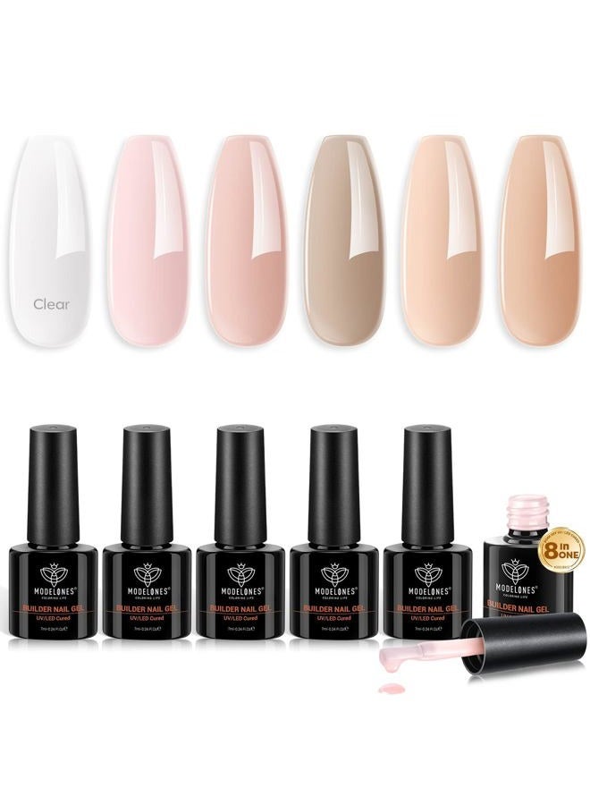 modelones Builder Gel for Nails, 6 Colors Gel Builder Nail Kit 8-in-One, Clear Pink Nude Nail Polish Daily Apex Building Strengthener Extension LED Nail Lamp Cured Color Base - Image 1