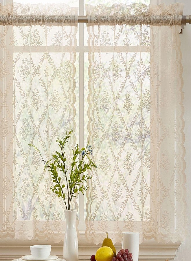 HLC.ME Isabella Floral Rod Pocket Lace Semi Sheer Voile Short Cafe Tiers for Small Windows - 28 x 36 Inch Length (Taupe Tiers, Set of 2) - Image 1