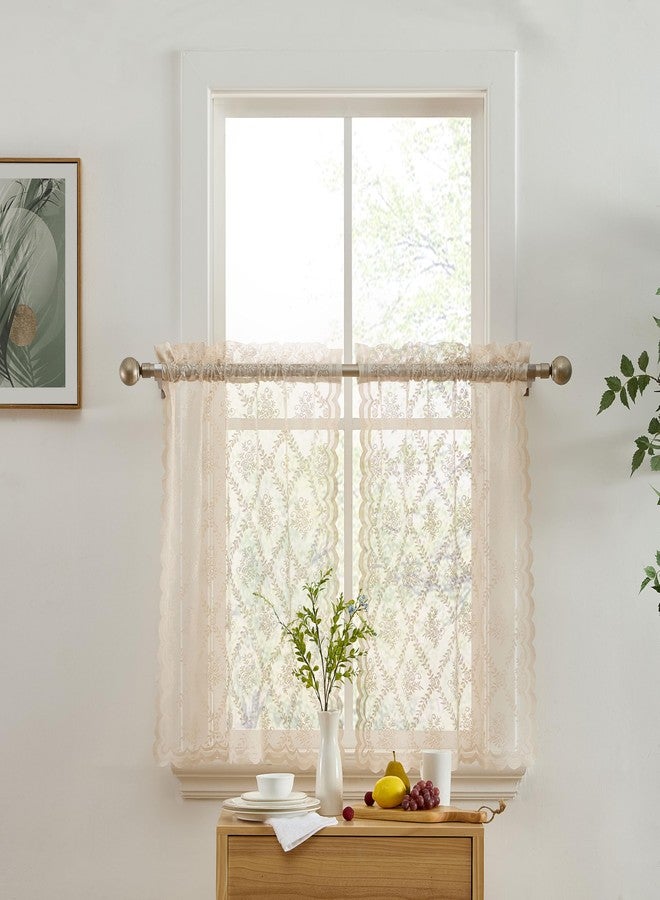 HLC.ME Isabella Floral Rod Pocket Lace Semi Sheer Voile Short Cafe Tiers for Small Windows - 28 x 36 Inch Length (Taupe Tiers, Set of 2) - Image 3