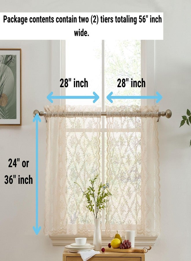 HLC.ME Isabella Floral Rod Pocket Lace Semi Sheer Voile Short Cafe Tiers for Small Windows - 28 x 36 Inch Length (Taupe Tiers, Set of 2) - Image 2