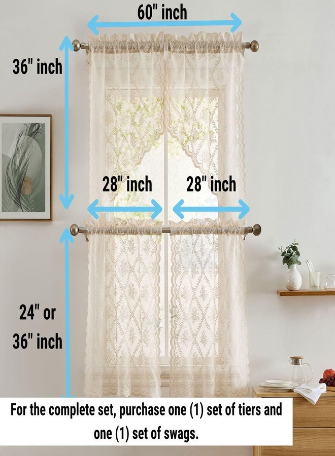 HLC.ME Isabella Floral Rod Pocket Lace Semi Sheer Voile Short Cafe Tiers for Small Windows - 28 x 36 Inch Length (Taupe Tiers, Set of 2) - Image 4