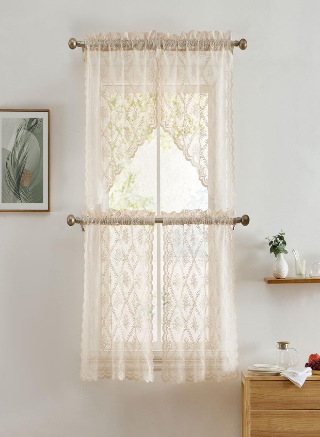 HLC.ME Isabella Floral Rod Pocket Lace Semi Sheer Voile Short Cafe Tiers for Small Windows - 28 x 36 Inch Length (Taupe Tiers, Set of 2) - Image 5