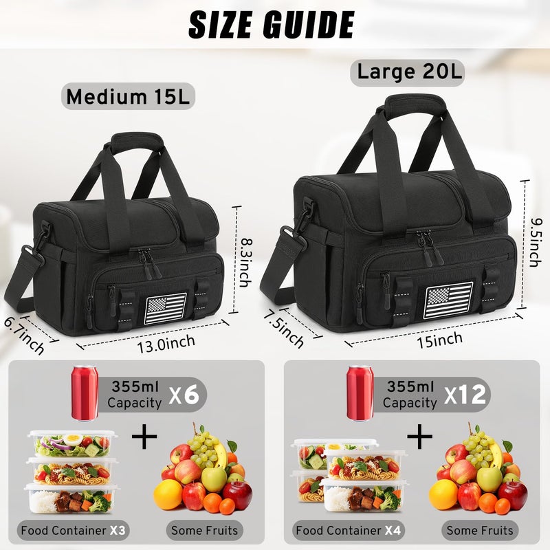 ETRONIK Tactical Lunch Bag for Men, 20L Insulated Lunch Box with Hot/Cold Compartments, Men's Lunch Box Fits 4 Meals + Snacks, Adult Lunch 8H Cooler Bags for Work, Hiking, Beach, Gym, Black - Image 2