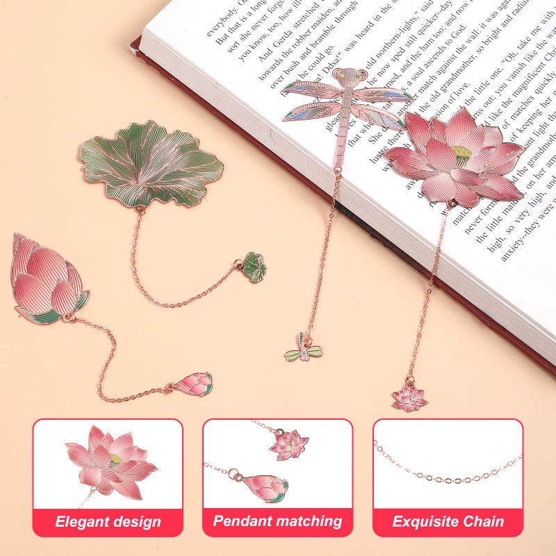 WY LIGHTING LEVEL 4Pcs Metal Bookmarks with Chain Plant Bookmark Golden Lotus Leaf Birthday Gifts Unique Teacher Christmas Gifts Literary Accessory Appreciation Stuffers for Book Lovers Writers Readers Women Adults - Image 3