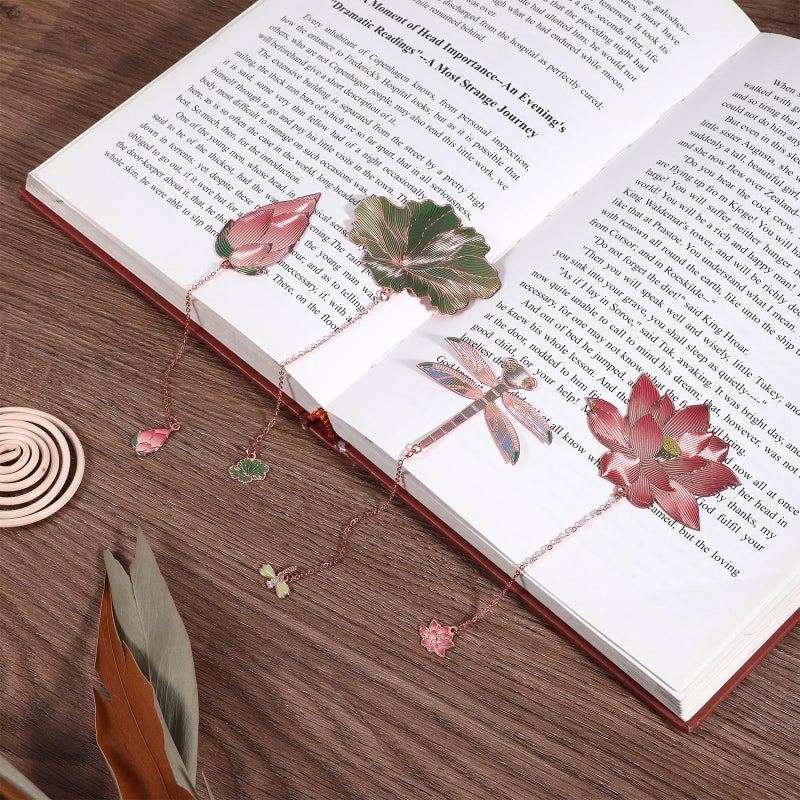 WY LIGHTING LEVEL 4Pcs Metal Bookmarks with Chain Plant Bookmark Golden Lotus Leaf Birthday Gifts Unique Teacher Christmas Gifts Literary Accessory Appreciation Stuffers for Book Lovers Writers Readers Women Adults - Image 5