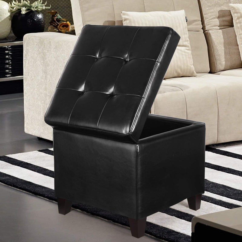 Adeco Storage Ottoman Foot Rest Stool, Leather Ottoman Footstool with Wood Legs and Hinged Lid, 18" Small Foot Stool Bench for Living Room, Bedroom, Black - Image 3