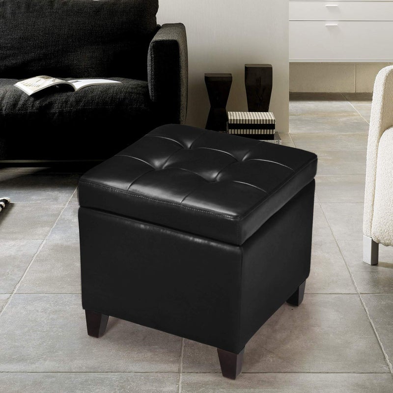 Adeco Storage Ottoman Foot Rest Stool, Leather Ottoman Footstool with Wood Legs and Hinged Lid, 18" Small Foot Stool Bench for Living Room, Bedroom, Black - Image 2