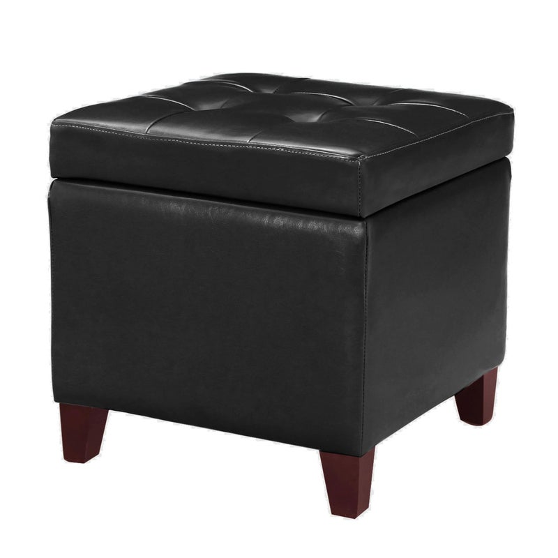 Adeco Storage Ottoman Foot Rest Stool, Leather Ottoman Footstool with Wood Legs and Hinged Lid, 18" Small Foot Stool Bench for Living Room, Bedroom, Black - Image 1