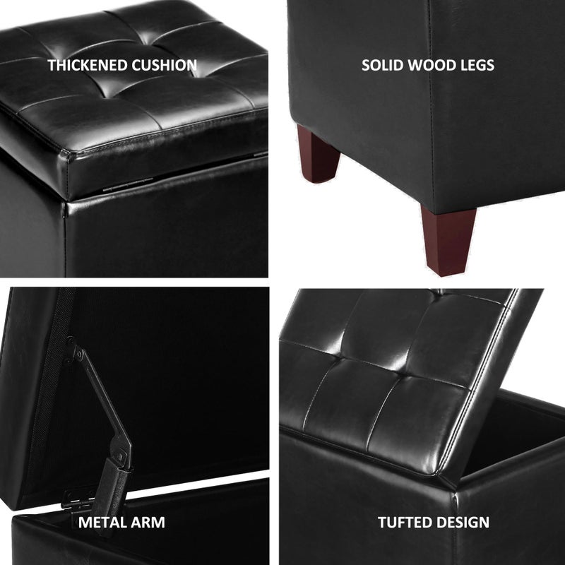 Adeco Storage Ottoman Foot Rest Stool, Leather Ottoman Footstool with Wood Legs and Hinged Lid, 18" Small Foot Stool Bench for Living Room, Bedroom, Black - Image 4
