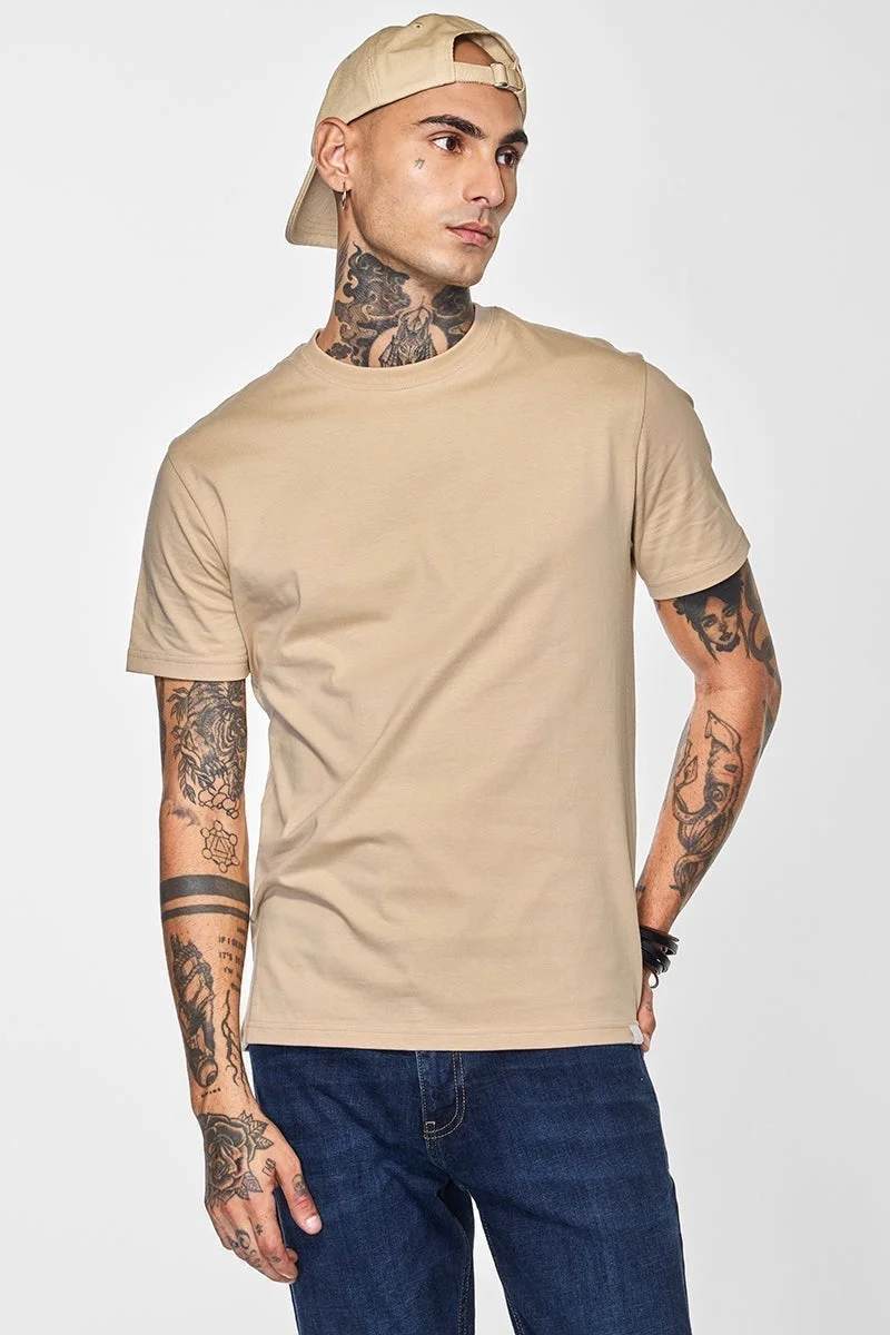 SNITCH Core Lab Beige Solid Regular Fit T-Shirt