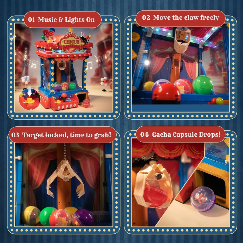 PANTASY Retro Circus Claw Machine Building Kit, Arcade Style Arcade Machine Block Model with Lights & Music, Interactive Collectible Building Set and Display Toy for Adults and Kids - Image 4