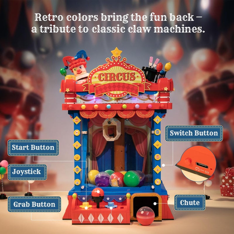 PANTASY Retro Circus Claw Machine Building Kit, Arcade Style Arcade Machine Block Model with Lights & Music, Interactive Collectible Building Set and Display Toy for Adults and Kids - Image 3