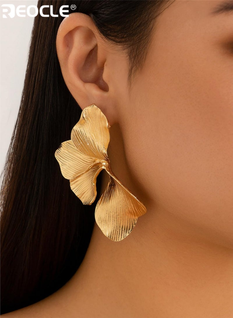 REOCLE Women's Ginkgo Leaf Earrings Large Floral Textured Drop Earrings Trendy Boho Chic Dangle Earrings for Party & Daily Fashion - Image 2