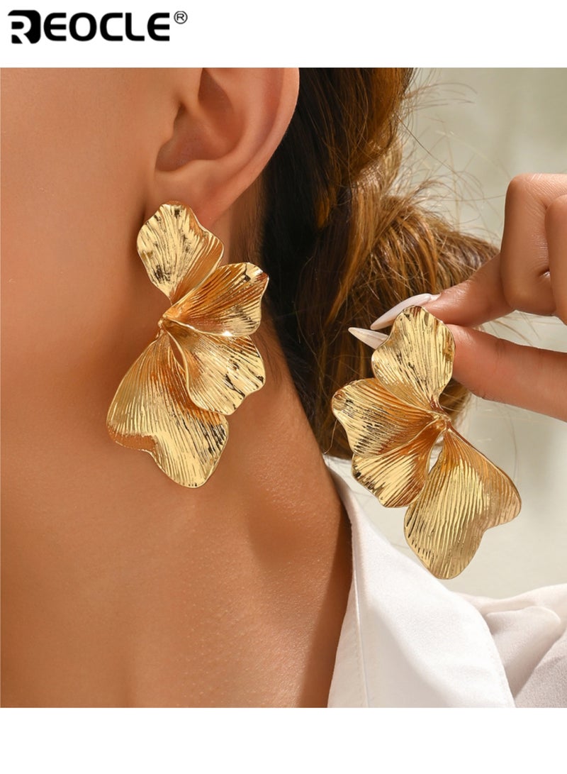 REOCLE Women's Ginkgo Leaf Earrings Large Floral Textured Drop Earrings Trendy Boho Chic Dangle Earrings for Party & Daily Fashion - Image 3