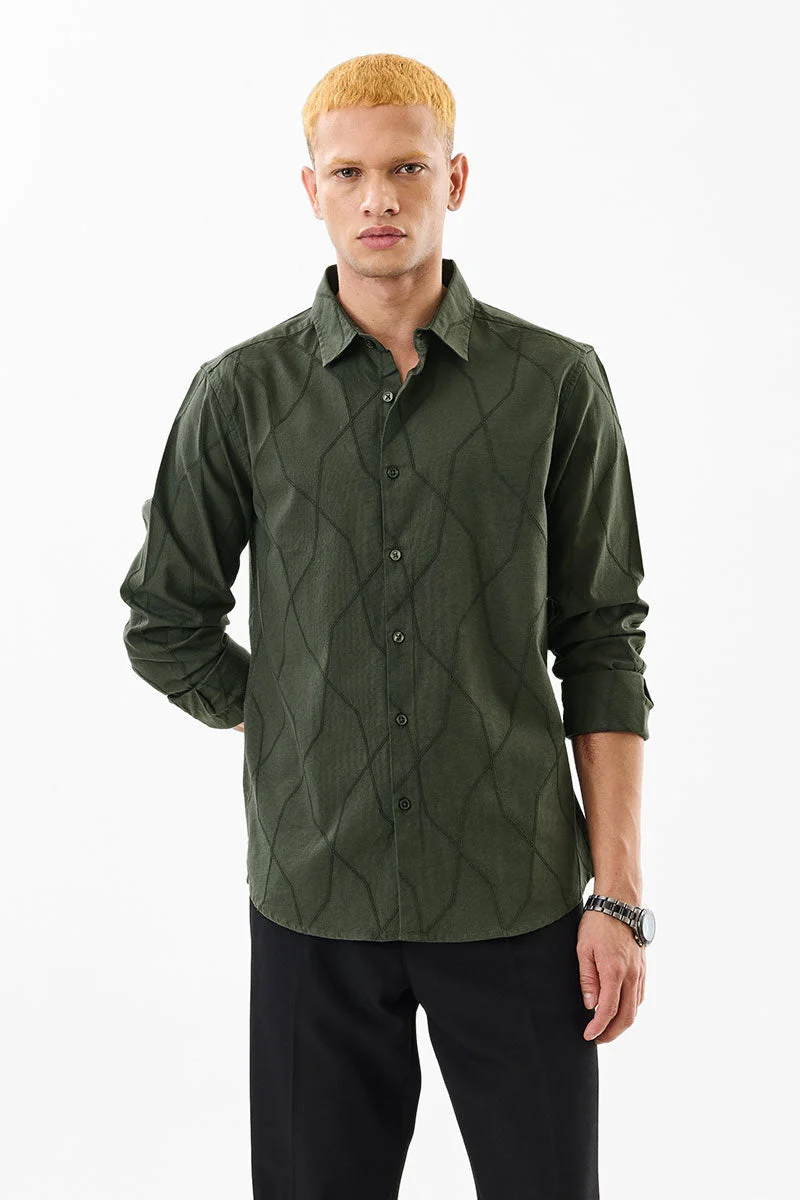 SNITCH Dark Green Textured Long Sleeve Slim Fit Shirt
