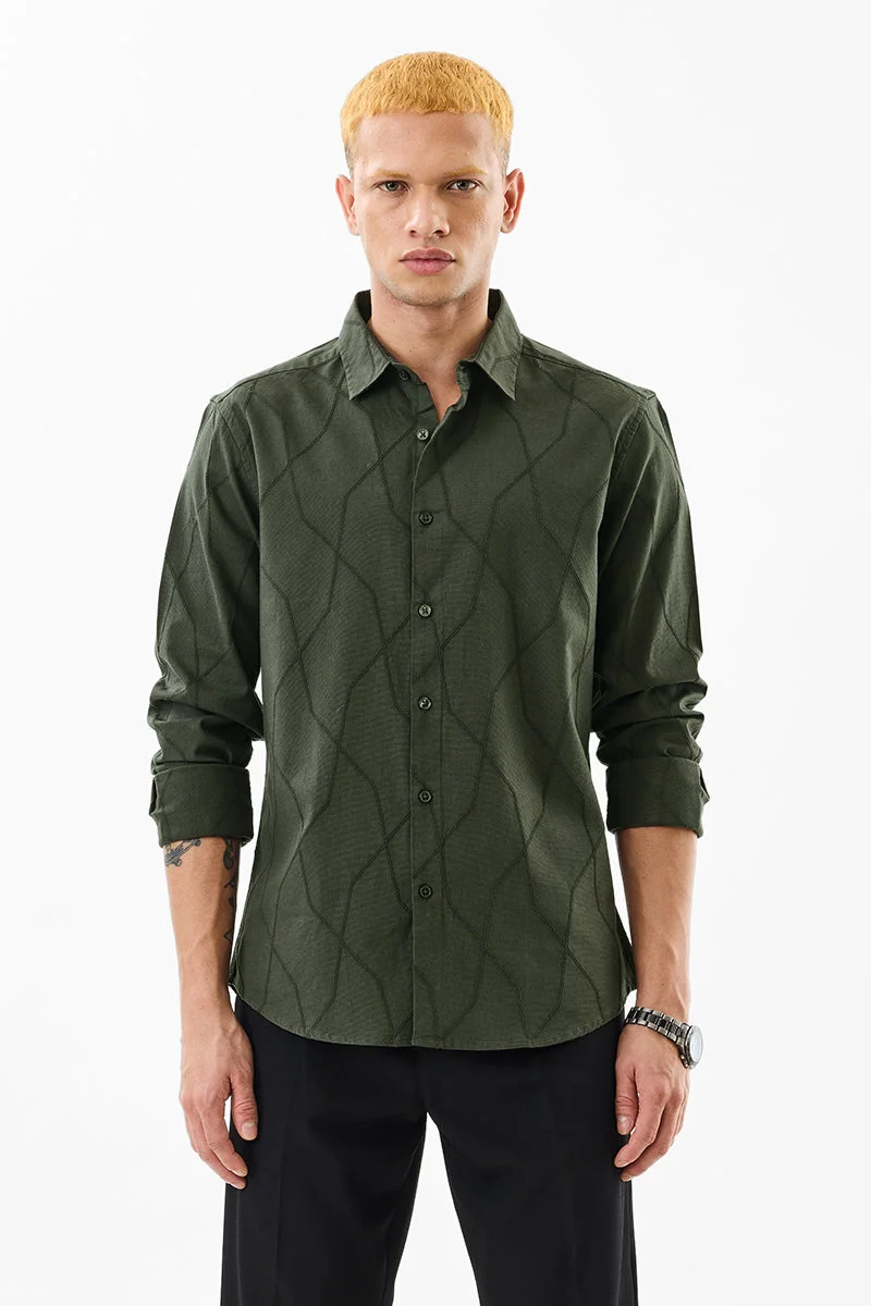 SNITCH Dark Green Textured Long Sleeve Slim Fit Shirt