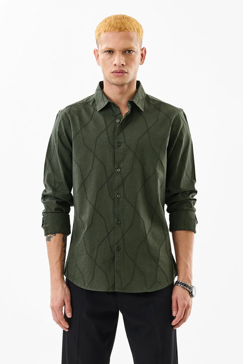 سنيتش Dark Green Textured Long Sleeve Slim Fit Shirt