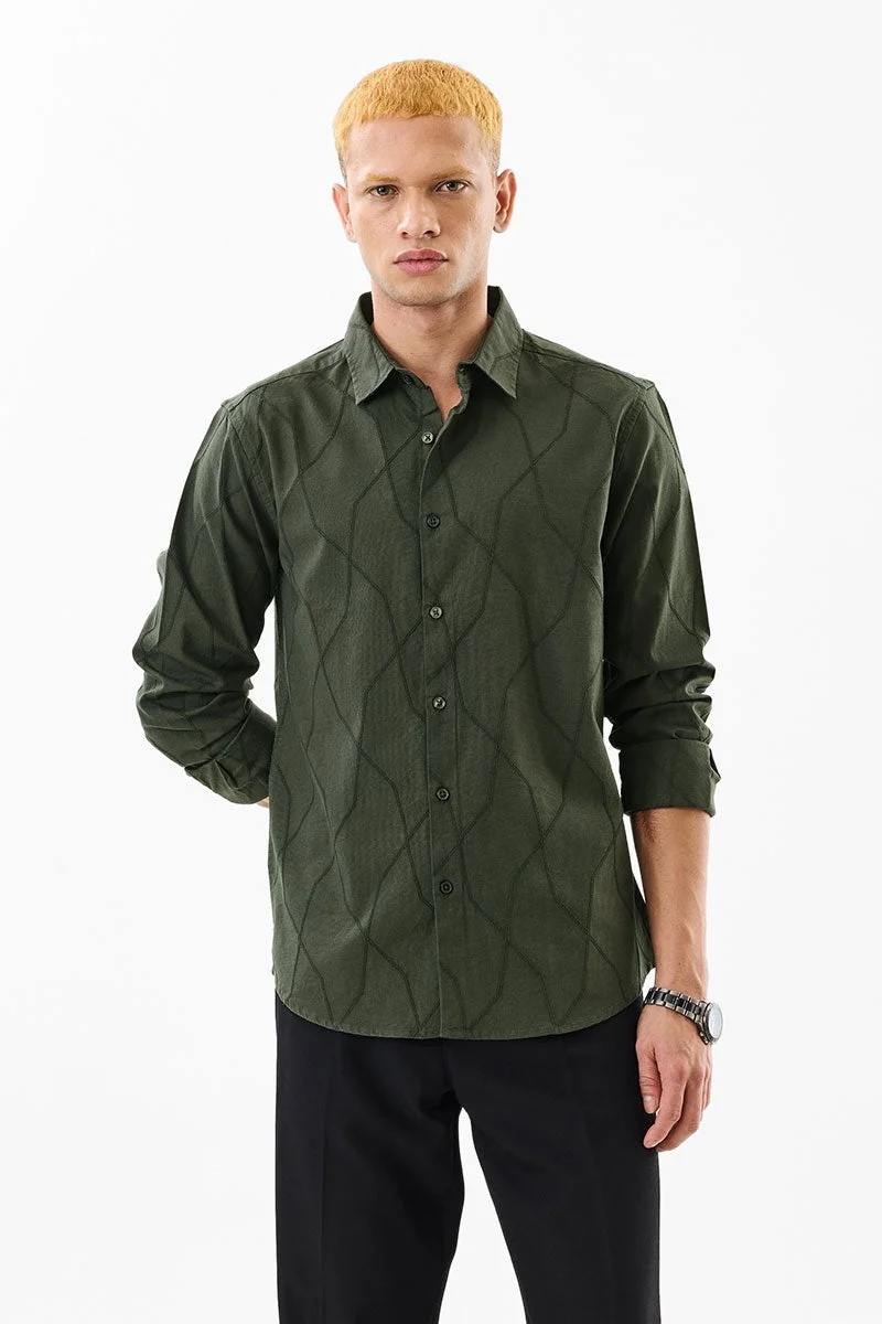 سنيتش Dark Green Textured Long Sleeve Slim Fit Shirt