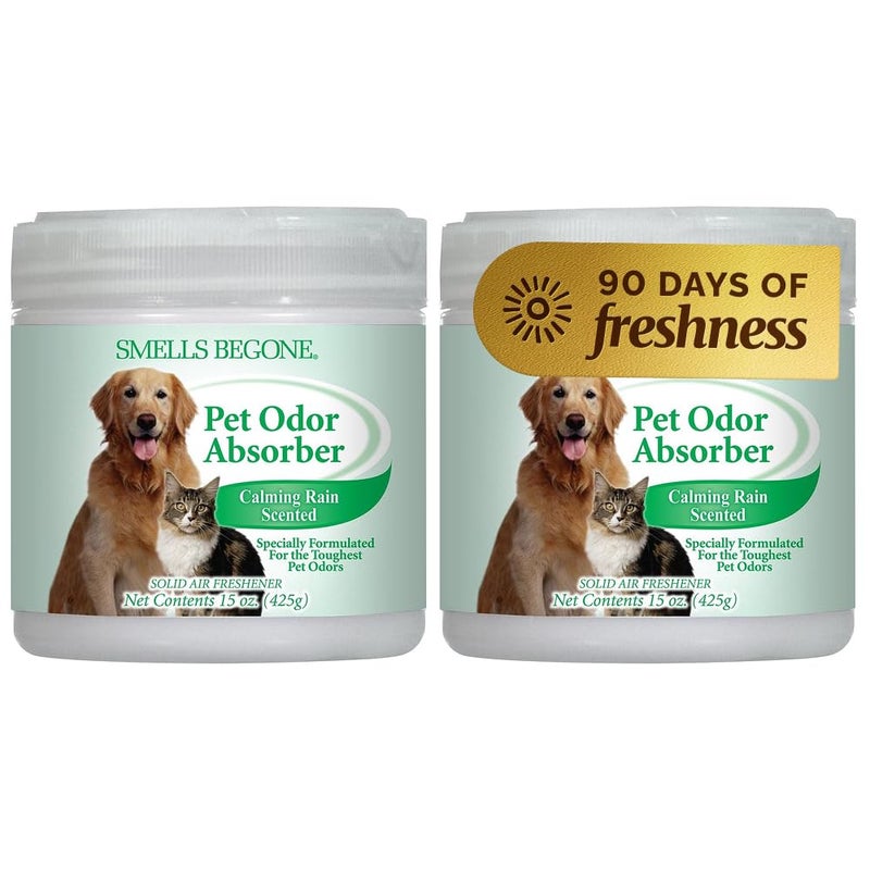 SMELLS BEGONE Air Freshener Odor Absorber Gel - 15 oz, Pack of 2 - Absorbs and Eliminates Odor in Pet Areas, Bathrooms, Cars, & Boats - Made with Essential Oils - Calming Rain Scent - Image 1