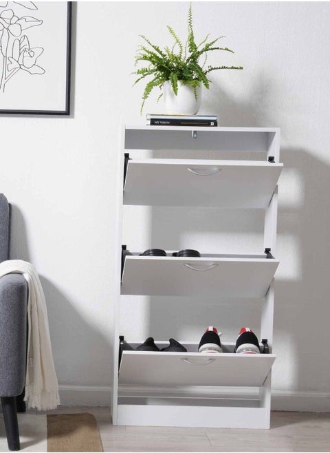 Pan Home Furinno Shoe Rack  | 9 Pairs With 3 Drawer | White color | Particle board material | with storage | 59cm L x 18cm W x 112cm H
