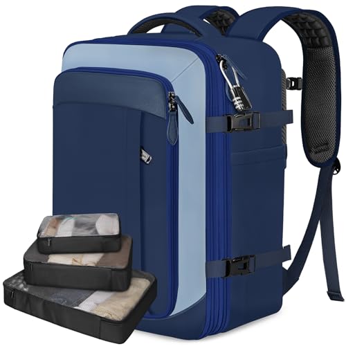 Vancropak 40L Carry On Travel Backpack Flight Approved Expandable Weekender Bag with 3 Packing Cubes Suitcase Backpack Fits 17 Laptop Water Resistant Anti Theft Daypack Bag for Men Women Blue - Image 1