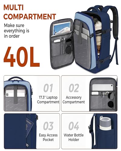 Vancropak 40L Carry On Travel Backpack Flight Approved Expandable Weekender Bag with 3 Packing Cubes Suitcase Backpack Fits 17 Laptop Water Resistant Anti Theft Daypack Bag for Men Women Blue - Image 3
