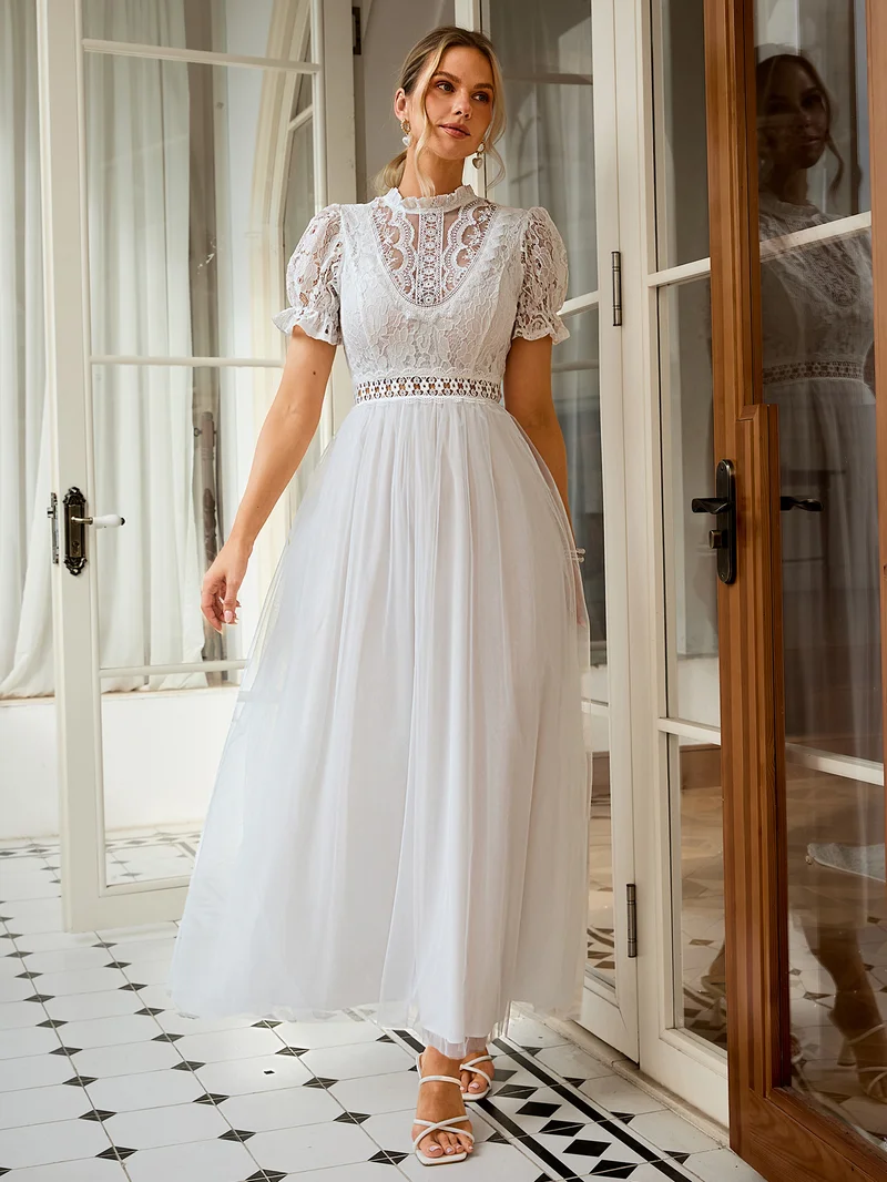 Simplee Dress Square Neck Short Puff Sleeve Tiered Belt A-Line Printed Floral Ruffle Lace White Rustic Fresh Ivory