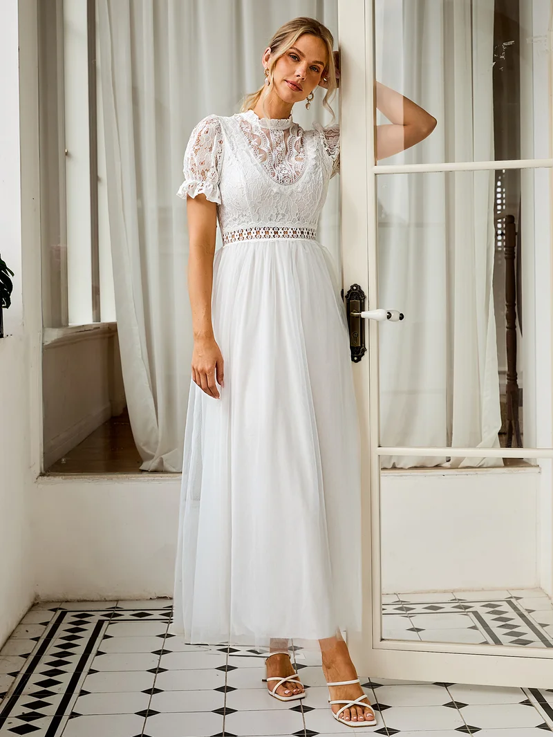 Simplee Dress Square Neck Short Puff Sleeve Tiered Belt A-Line Printed Floral Ruffle Lace White Rustic Fresh Ivory