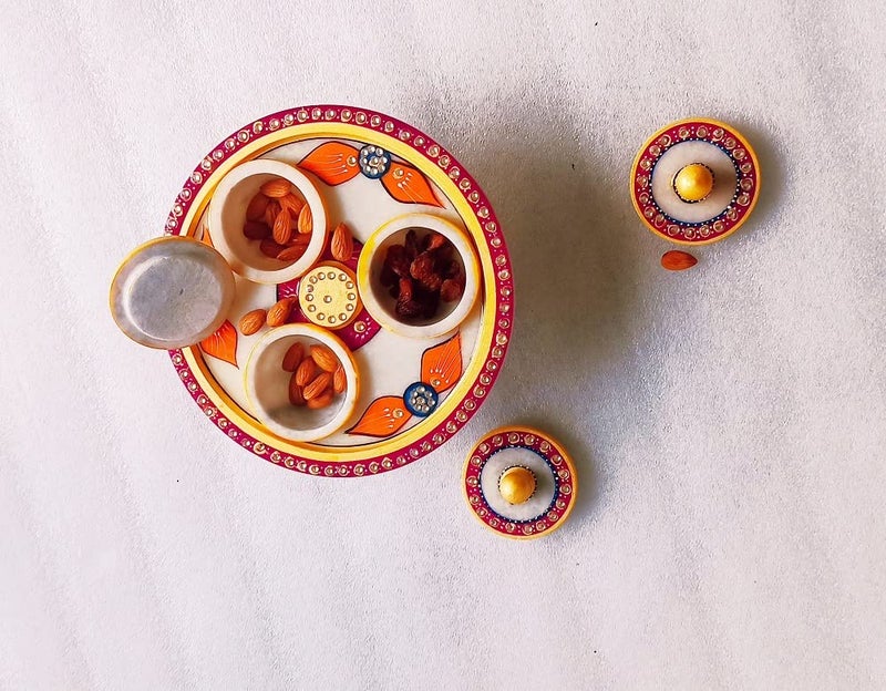 RM Marble Revolving Dry Fruit Tray Kundan Studded and Meenakari Work with 3 Container Box and Individual Lid Royal Touch for Dining and Drawing Room Traditional Decor Best Gift for Any Occasion - Image 1