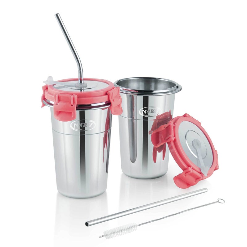 MARU Stainless Steel Tumbler with Silicon Aperture Steel Lid Leak Proof Set of 2 pcs with 2 Straws 1 Brush Steel Glass with Lid Capacity 400ML Pink