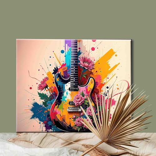 Aihonmin DIY Paint by Numbers,Flowers Guitar,Colorful Canvas Oil Painting Kit for Kids & Adults, 16X20 inches Drawing Paintwork Acrylic Pigment,for Home Living Room Decorative Painting Without Frame - Image 2