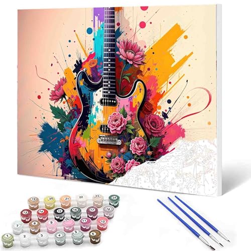 Aihonmin DIY Paint by Numbers,Flowers Guitar,Colorful Canvas Oil Painting Kit for Kids & Adults, 16X20 inches Drawing Paintwork Acrylic Pigment,for Home Living Room Decorative Painting Without Frame - Image 1