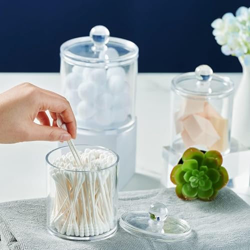 SheeChung 6 Pack Qtip Dispenser Apothecary Jars Bathroom with Labels - Qtip Holder Storage Canister Clear Plastic Acrylic Jar for Cotton Ball, Swab,Pads, Rounds,Floss Picks, Hair Clips (Clear) - Image 2