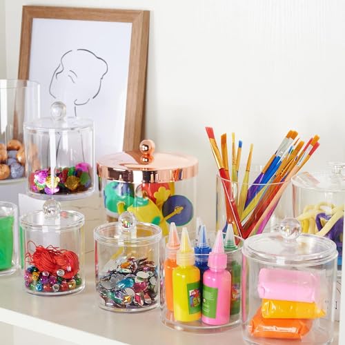 SheeChung 6 Pack Qtip Dispenser Apothecary Jars Bathroom with Labels - Qtip Holder Storage Canister Clear Plastic Acrylic Jar for Cotton Ball, Swab,Pads, Rounds,Floss Picks, Hair Clips (Clear) - Image 4