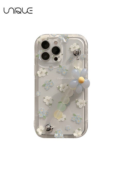 Compatible with iPhone 15 Pro Cases, Blue & White Flower Pattern Cases, Clear Phone Cases, Phone Cases with Flower Chain - Sleek and Simple Phone Cases - TPU Drop Protection