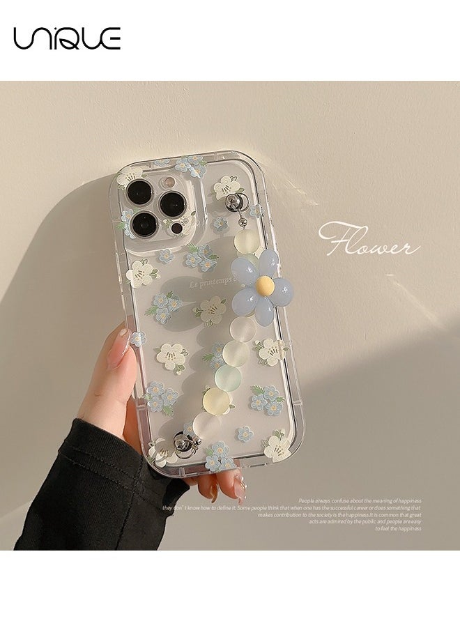 Compatible with iPhone 15 Pro Cases, Blue & White Flower Pattern Cases, Clear Phone Cases, Phone Cases with Flower Chain - Sleek and Simple Phone Cases - TPU Drop Protection
