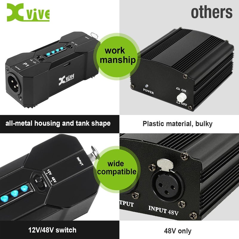 Xvive P1 Phantom Power Supply 48V/12V Switch,Up to 40 Hours of Use,Rechargeable Portable Phantom Power for Condenser/Shotgun Microphones, Mic Preamp, Recording Studios - Image 4