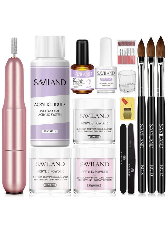 Saviland Acrylic Nail Kit With Drill For Beginners - 0.5Oz Clear White Pink Acrylic Powder And Liquid Set Acrylic Nail Brushes Professional Nails Kit Acrylic Set Home Diy Nail Extension Carving - Image 1