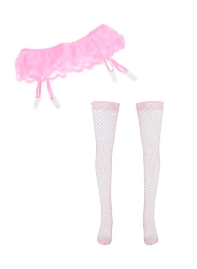Ladies Fishnet Mesh Long Stockings Tights with Top Stockings Suspender Garter Belt - Image 1