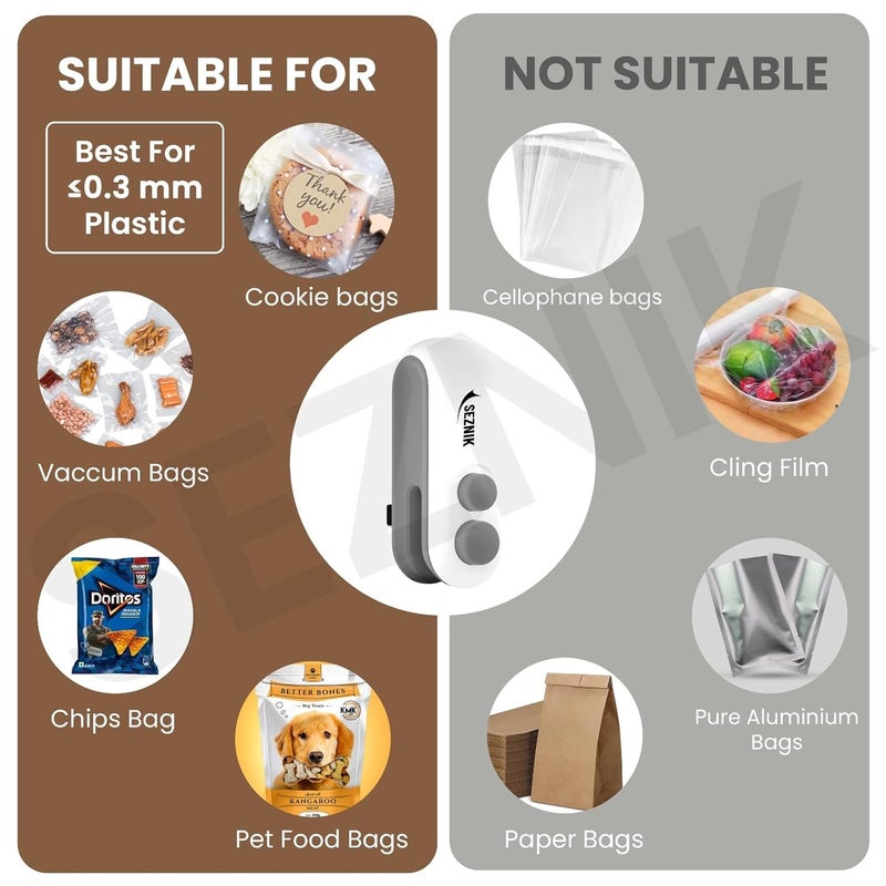 SEZNIK Sealing Machine for Food Packets - Portable Handheld Sealing for Food Packets, Snacks, Chips, Fresh Storage - Mini Sealing Machine, 1 YEAR Warranty (White) - Image 2